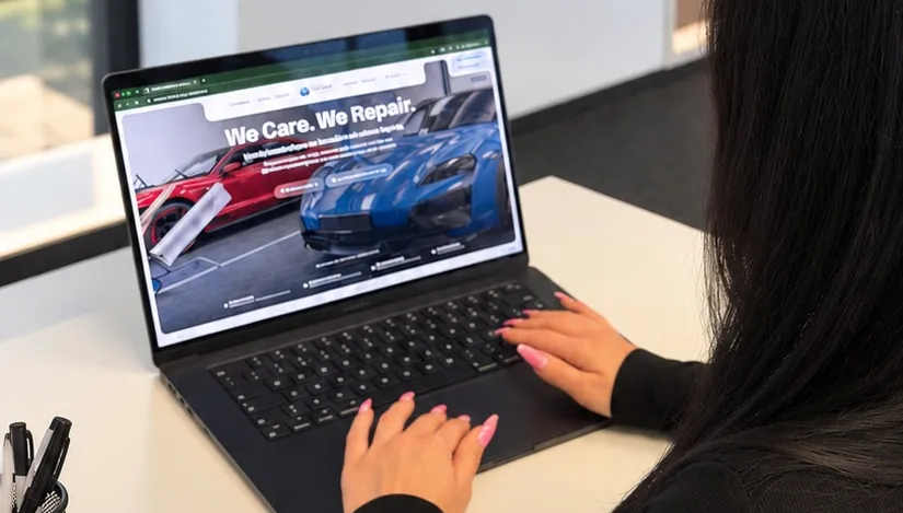 Unsere Mitarbeiterin am Laptop in unserem Büro in Leipzig, auf dem Bildschirm unsere Website.