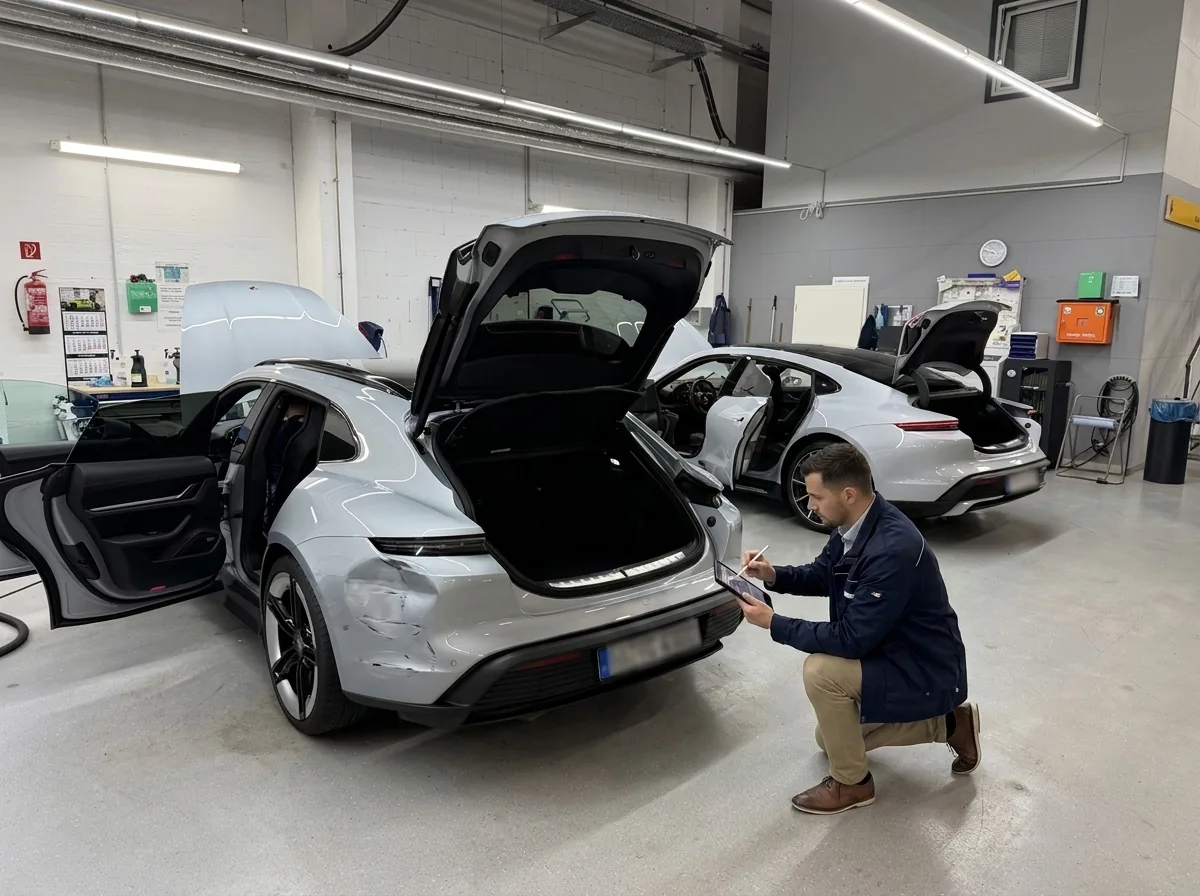Mitarbeiter mit Tablet dokumentiert den Heckschaden an einem silbernen Elektro-Sportwagen.